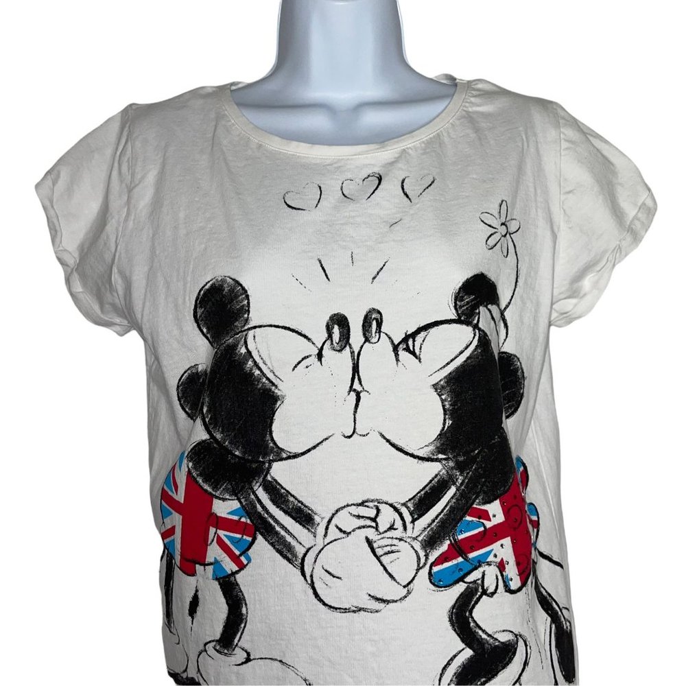 Rare Walt Disney Mickey Minnie Kissing London Great Britain Flag Tee T-Shirt L - Picture 2 of 9